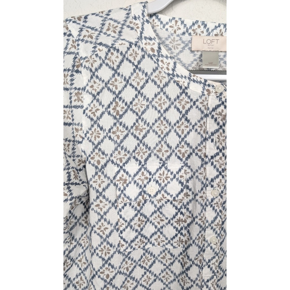 LOFT Petite M Womens White Blue Brown Floral‎ Print Shirt MP Cottagecore
